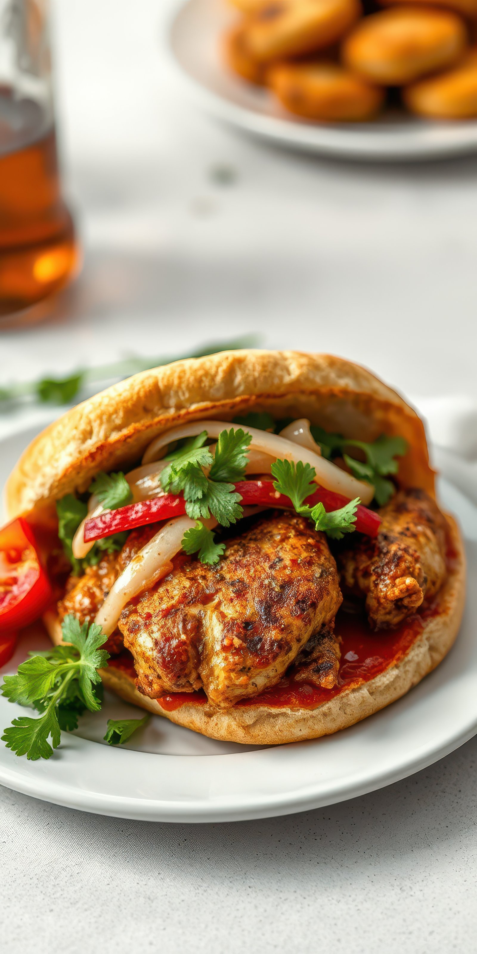 Savory sandwich filled with spiced chicken, fresh vegetables, and vibrant herbs on a white plate